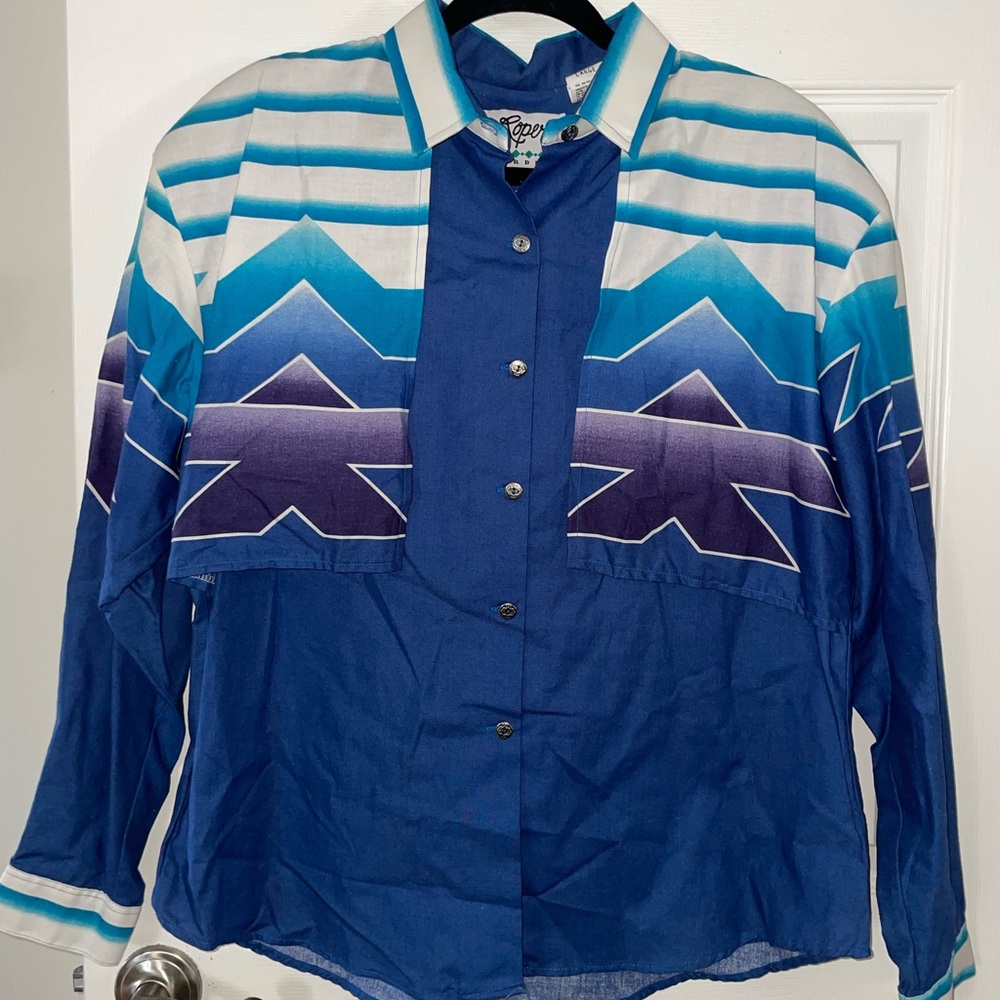 Vintage Roper Blue Graphic Border Button-Up Shirt Deadstock Made in the USA